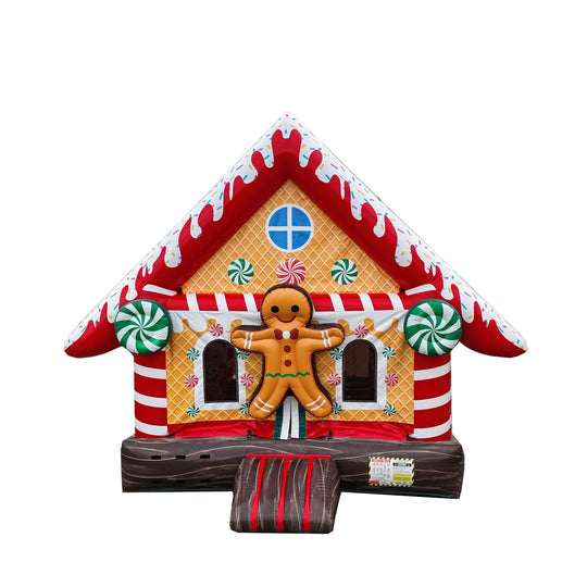 Colorful gingerbread house jumper with candy decorations and a gingerbread figure, ideal for festive events. Colorful gingerbread house jumper with candy decorations and a gingerbread figure, ideal for festive events.