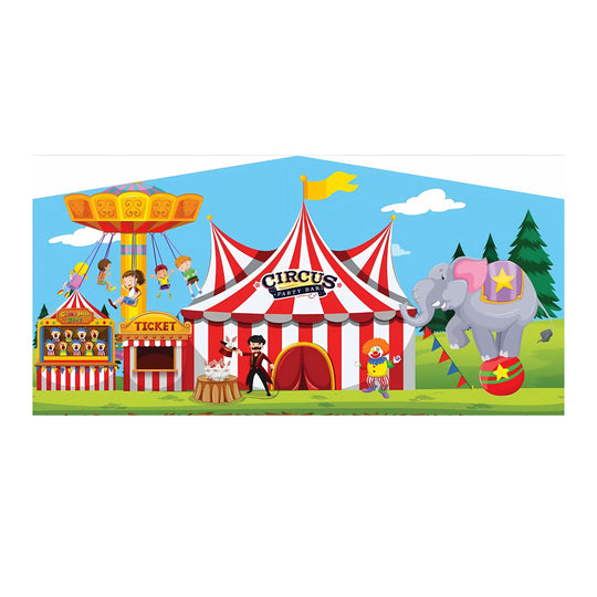 Colorful inflatable art panel featuring a circus scene with a tent, carousel, elephant, and performers in a vibrant outdoor Colorful inflatable art panel featuring a circus scene with a tent, carousel, elephant, and performers in a vibrant outdoor