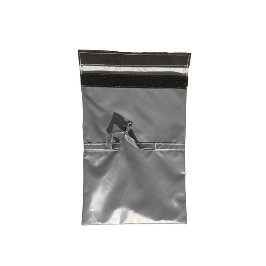 Gray sandbag cover designed for securing a commercial bounce house, featuring a top closure and a sturdy construction. Gray sandbag cover designed for securing a commercial bounce house, featuring a top closure and a sturdy construction.