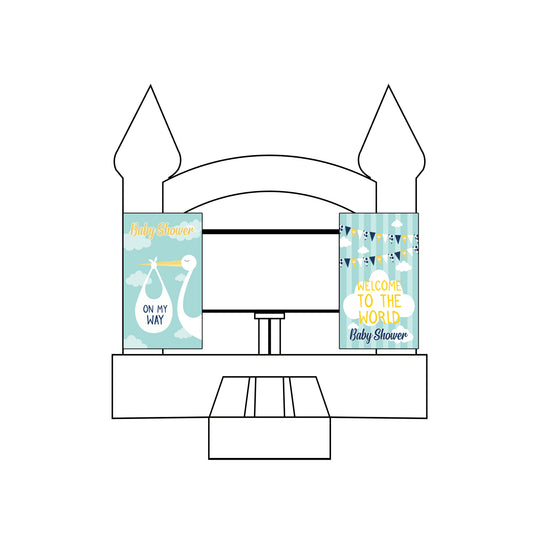 Two custom event banners for a baby shower featuring a stork and clouds, displayed on a bounce house. Two custom event banners for a baby shower featuring a stork and clouds, displayed on a bounce house.