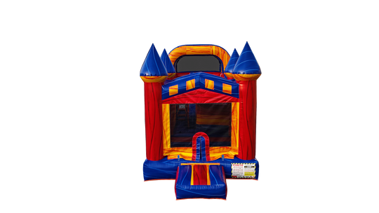 Colorful red, blue, and yellow commercial inflatable combo with a castle theme, featuring a bounce area and slide. Colorful red, blue, and yellow commercial inflatable combo with a castle theme, featuring a bounce area and slide.