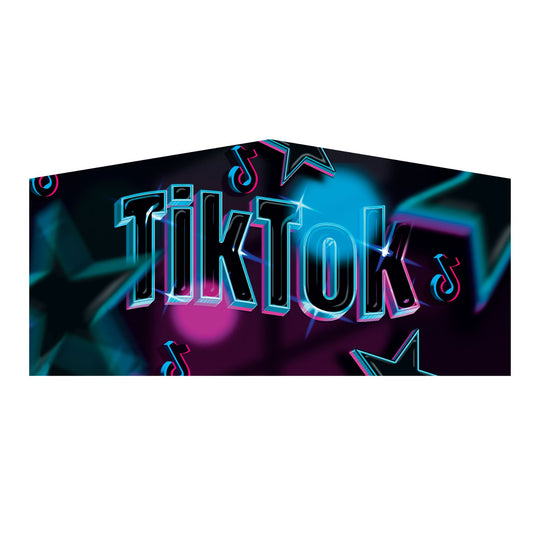 Colorful inflatable art panel featuring the TikTok logo with stars and musical notes on a dark background. Colorful inflatable art panel featuring the TikTok logo with stars and musical notes on a dark background.