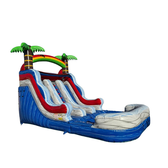 Large blue and gray commercial water slide for sale with palm tree decorations and multiple sliding lanes. Large blue and gray commercial water slide for sale with palm tree decorations and multiple sliding lanes.