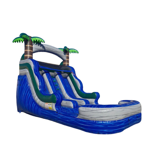 Large blue and gray inflatable water slide with palm tree accents, designed for outdoor fun. Large blue and gray inflatable water slide with palm tree accents, designed for outdoor fun.