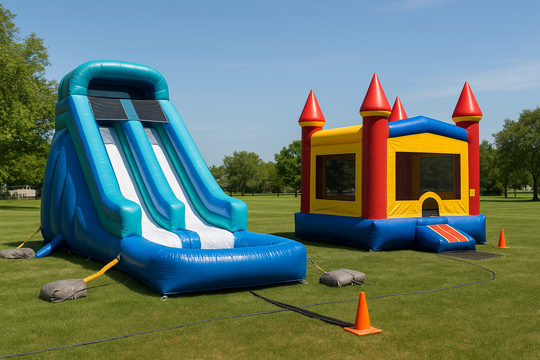 Properly anchored commercial inflatables with blower cords routed safely outdoors