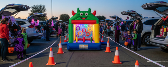 Parking-lot Trunk-or-Treat with a compact inflatable game and guided entry cones at dusk
