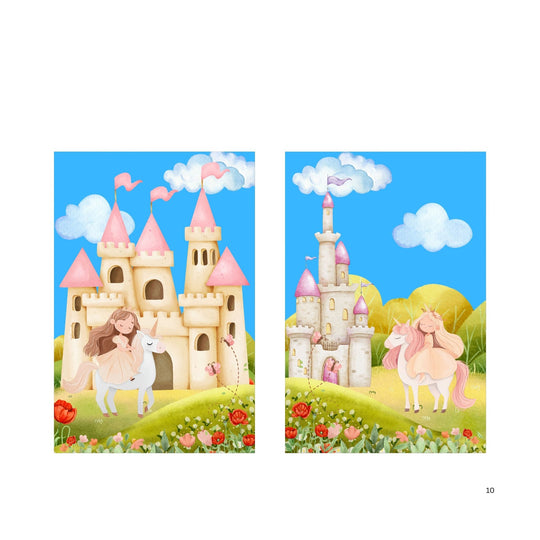 Two colorful princess-themed banners featuring castles and unicorns against a blue sky, ideal for a custom event banner.