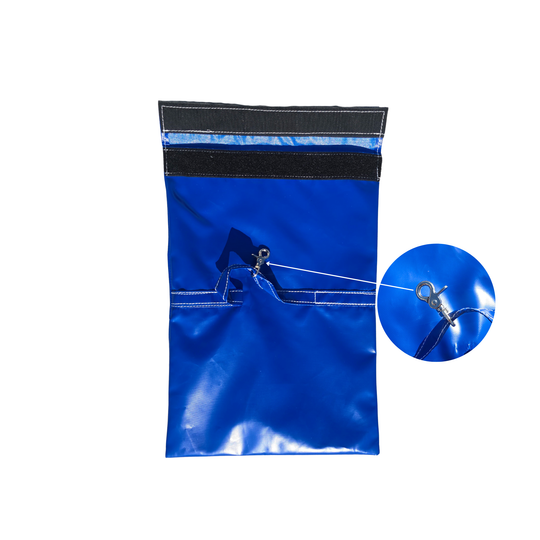Blue sandbag cover with a secure hook and loop closure, designed for use with a commercial bounce house.