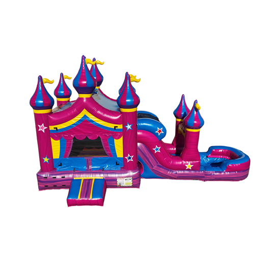 Colorful pink and blue inflatable castle with turrets and a slide, set against a white background, showcasing a commercial