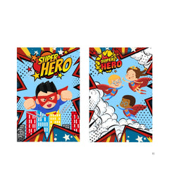 Two vibrant custom event banners featuring cartoon superheroes in action, with bright colors and dynamic backgrounds.