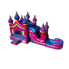 Colorful pink and purple inflatable castle with slides and towers, designed as a commercial inflatable combo for sale.