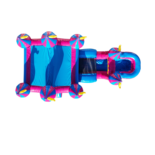 Colorful pink and blue inflatable castle with a slide and bounce area, designed as a commercial inflatable combo for sale.