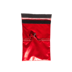 Red sandbag cover designed for securing a commercial bounce house, featuring a zipper and hook for easy attachment.