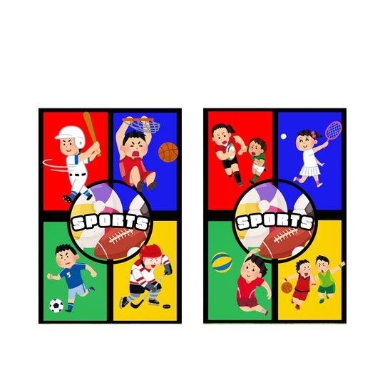 Two colorful sports banners featuring children playing various sports like soccer, basketball, and baseball, designed for