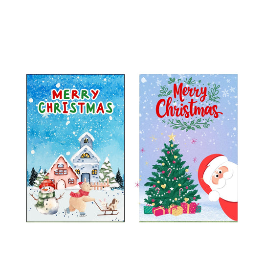 Two festive Christmas banners featuring a snowy village scene and a cheerful Santa with a Christmas tree.