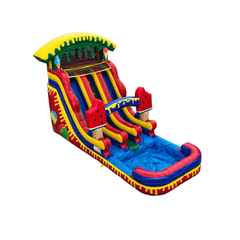 Colorful watermelon ice cream themed commercial water slide for sale with multiple sliding lanes and a splash pool.