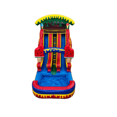 Brightly colored watermelon-themed commercial water slide for sale featuring red and yellow accents, with a blue splash pool