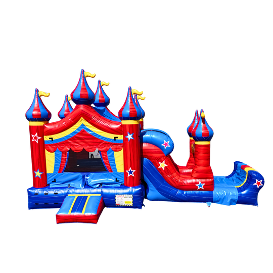 Colorful red and blue circus-themed commercial inflatable combo with towers and a slide.