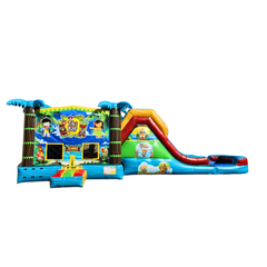 Colorful Tiki-themed inflatable combo water slide featuring a slide, splash pool, and climbing area.