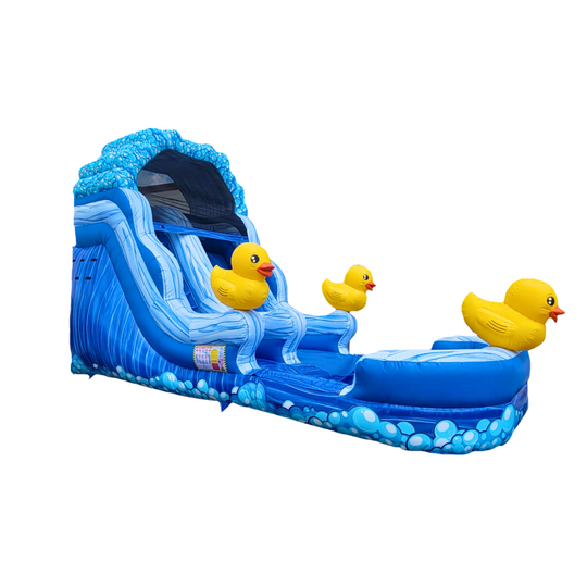 Bright blue commercial water slide for sale featuring three yellow ducklings and wave-like design.
