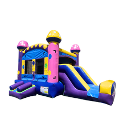 Colorful pink and purple commercial inflatable combo with a slide and bounce area, set against a white background.