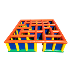 Colorful GM-885 inflatable maze with orange, yellow, and blue sections, ideal for outdoor events.