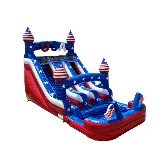 Red, white, and blue commercial water slide featuring patriotic stars and stripes, designed for fun and excitement.