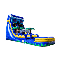 Large blue and yellow commercial water slide featuring palm trees and a wave design, set against a white background.