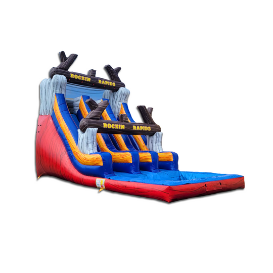 Colorful WS-245D Rocking Rapids water slide featuring three sliding lanes and a splash pool at the base, ideal for summer
