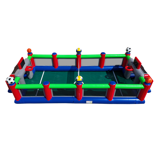 A colorful inflatable sports field featuring soccer and basketball elements, designed for commercial inflatable games for