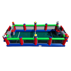 A colorful inflatable sports field featuring soccer and basketball elements, designed for commercial inflatable games for