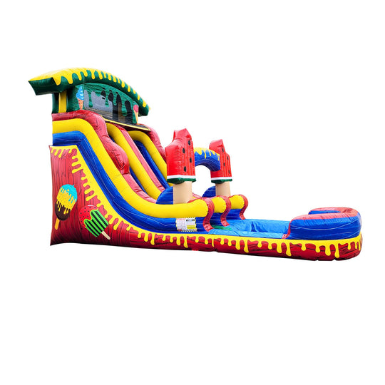 Colorful watermelon ice cream-themed commercial water slide for sale, featuring vibrant red, green, and blue colors with