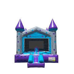 Purple and grey castle-themed commercial bounce house with two tall spires and a slide.