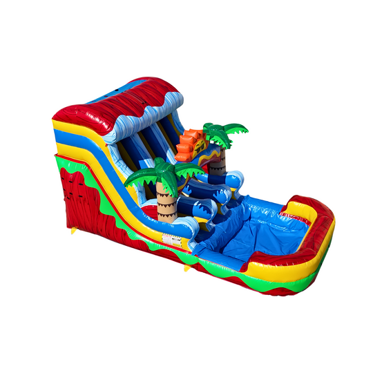 Colorful WS-260D Sun Wave commercial water slide for sale featuring palm trees and a splash pool.