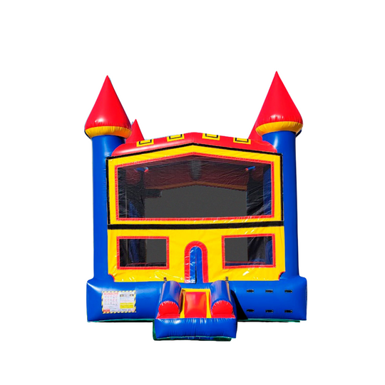 Colorful blue and yellow commercial bounce house with red towers and large windows, set against a white background.
