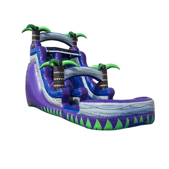Purple Rush Water Slide featuring vibrant purple and green colors with palm tree accents, designed for fun and excitement.
