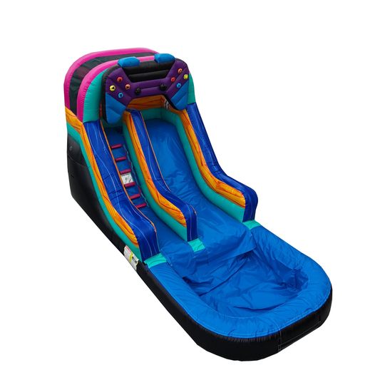 A colorful inflatable slide with a blue floor, teal and orange side accents, purple and pink upper sections, and black base, shown on a plain white background.