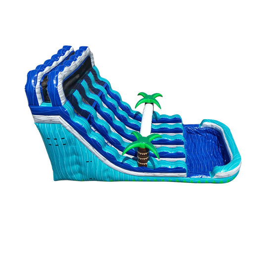 Large blue and turquoise commercial water slide for sale featuring palm tree decorations and a splash pool at the base.