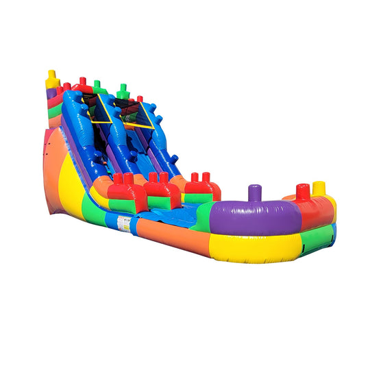 Colorful Mega Bloks commercial water slide for sale featuring multiple slides and vibrant sections.