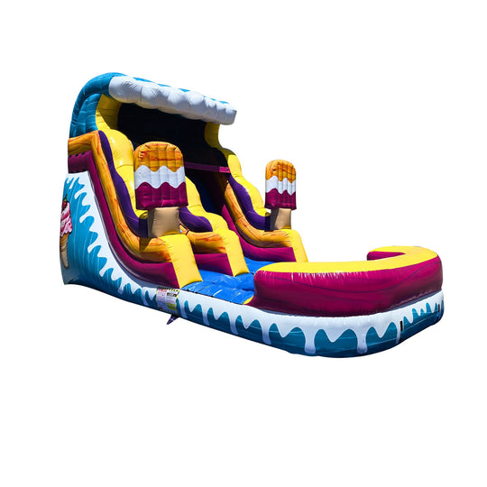 Colorful ice cream-themed commercial water slide for sale featuring a wave design and two sliding lanes.