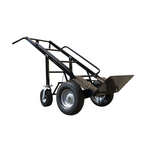 Black metal dolly with a wide scoop and four wheels, designed for transporting inflatable items.