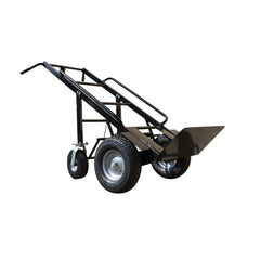Black metal dolly with a wide scoop and four wheels, designed for transporting inflatable items.