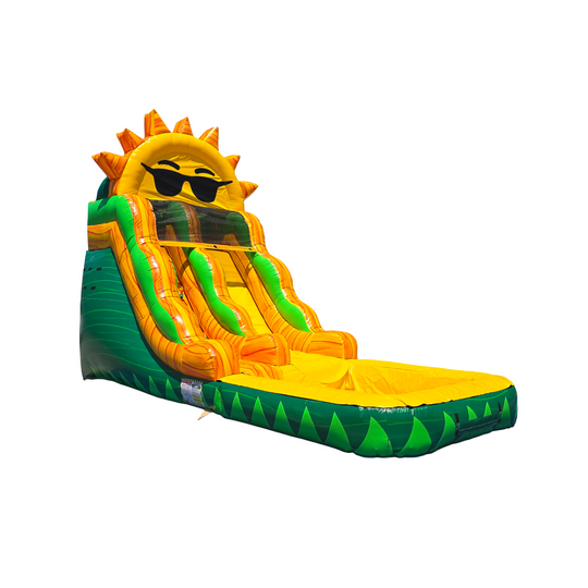 Bright yellow and green commercial water slide featuring a sun design with sunglasses, set against a white background.