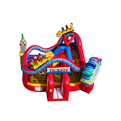 Colorful inflatable roller coaster splash with a ticket booth and vibrant design, showcasing a commercial water slide for