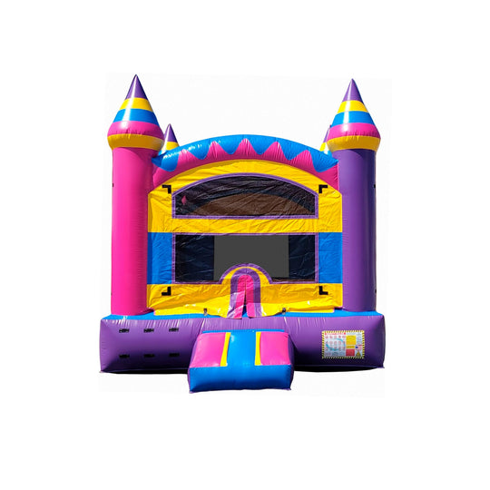 Colorful B-619 Bubblegum Palace bounce house featuring pink, yellow, and purple colors with castle-like towers, set against a