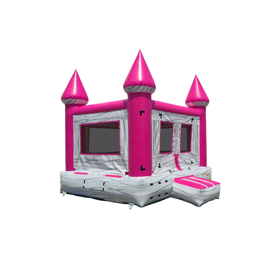 Pink and grey commercial bounce house with castle design and pointed turrets, set against a white background.