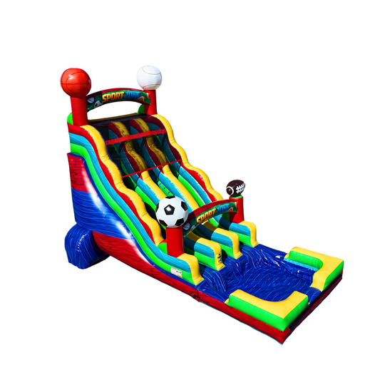 Colorful double lane water slide featuring sports-themed decorations like a soccer ball and football, set against a white