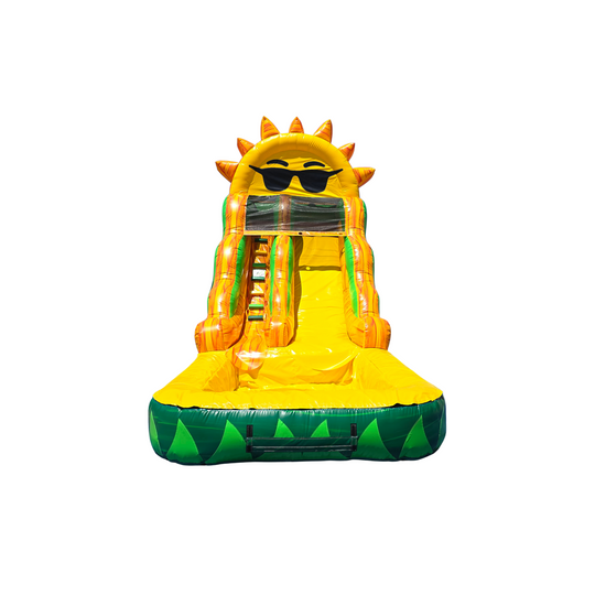 Bright yellow commercial water slide featuring a smiling sun design, set against a white background.