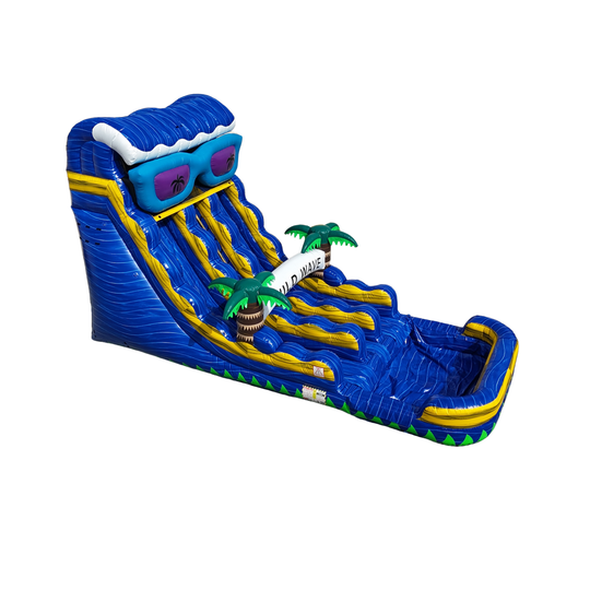 Bright blue commercial water slide with palm tree decorations and sunglasses, set against a white background.