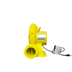 Yellow blower with a side view, designed for inflating bounce houses, featuring a power cord and safety label.